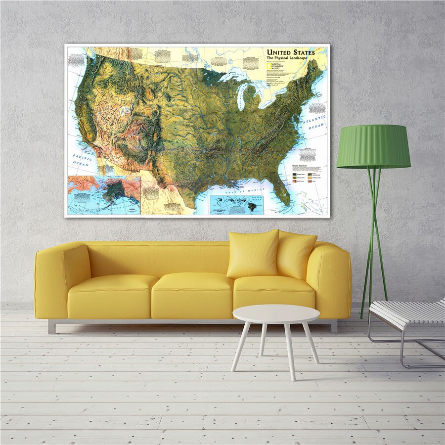USA Map The Physical Landscape Realistic Geographical Lines Canvas Print Wall Sticker Bar Cafe Living Room Home Decor