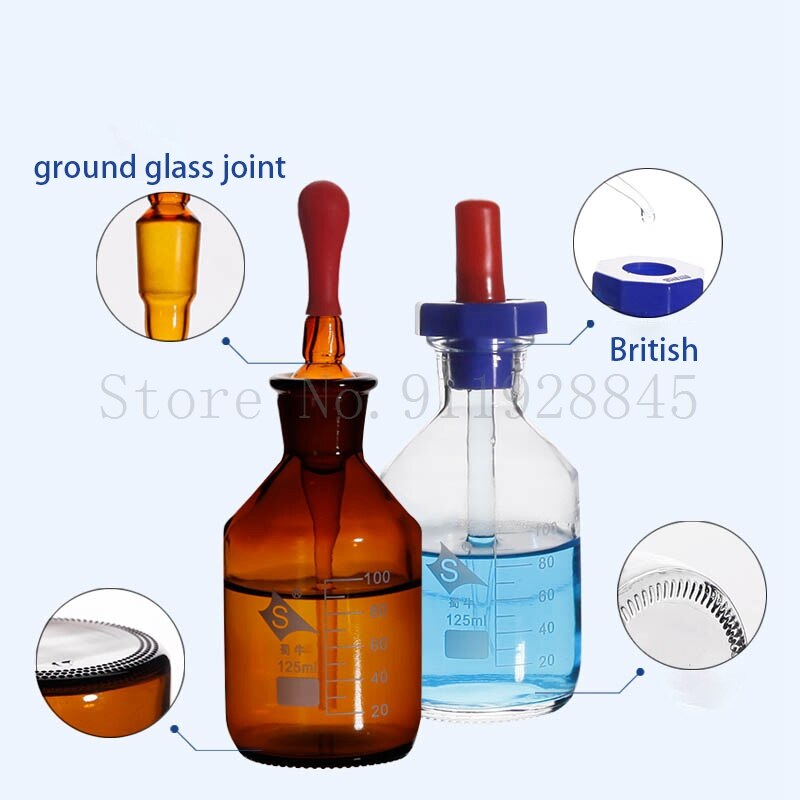 Garrafa conta-gotas britânica transparente/marrom, 4 tamanhos, com conta-gotas de linha escala, esfregar, vidro de borosilicato