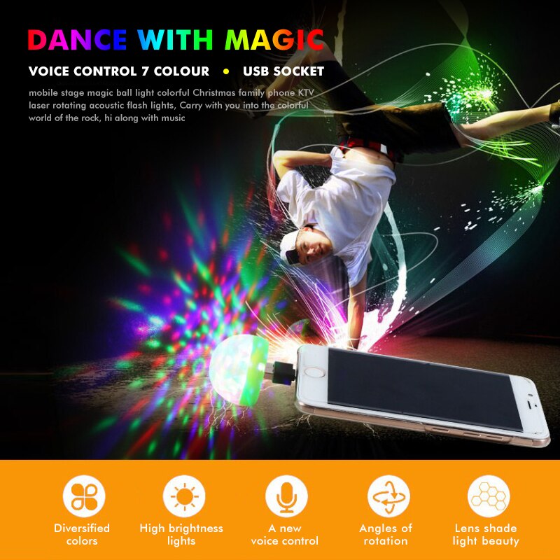 Mini luces de bola de discoteca portátil para escenario Android/Huawei/Apple enchufe USB adaptador compatible con el usuario Luz de dj cabeza móvil