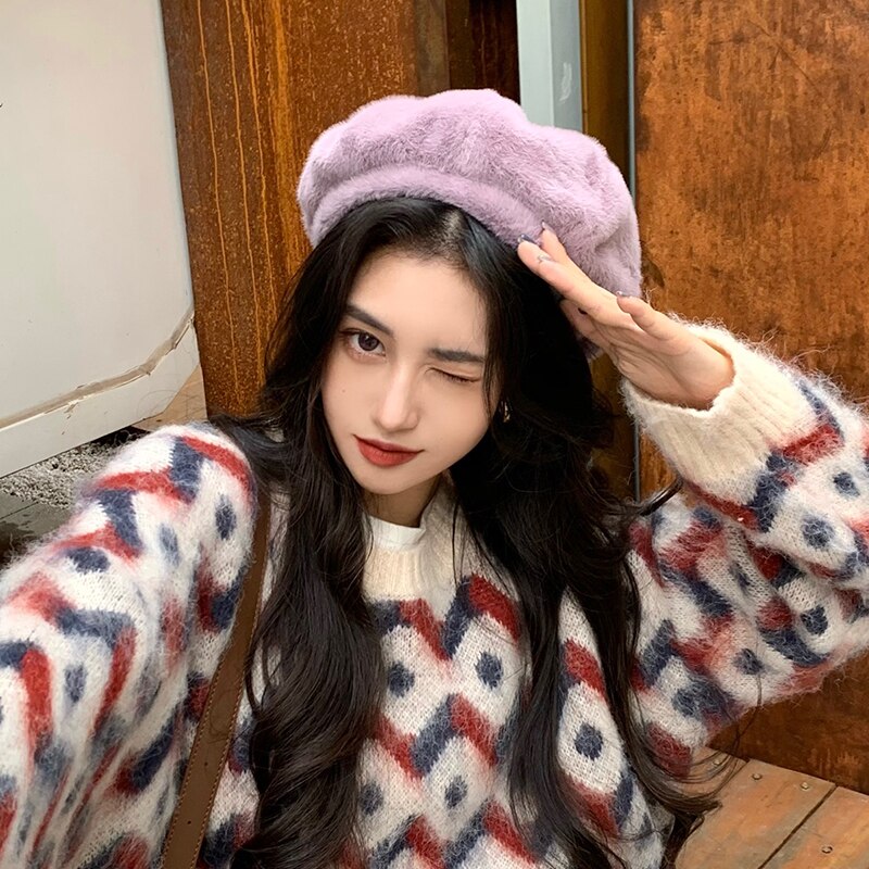 Gorros de estilo coreano harajuku para mujer, boina cálida con personalidad, vintage, kawaii, otoño e invierno,