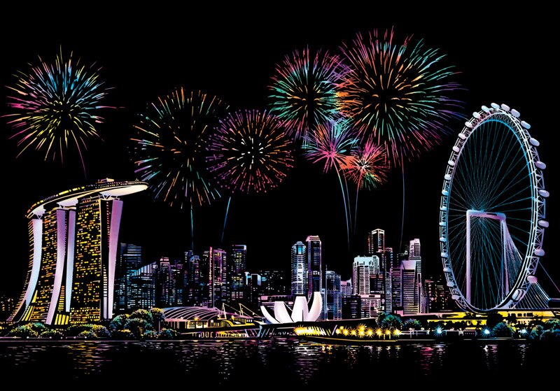 World Famous City Night Scene Sketch Drawing Scratch Drawing Book Art Sketch Drawing Board Children's Birthday: Singapore