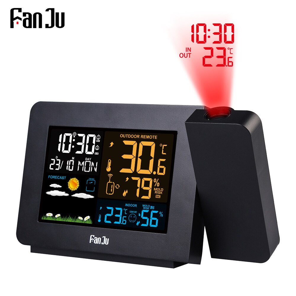 Hight Alarm Projection Thermometer Hygrometer Draadloze Weerstation Digitale Horloge Snooze Tabel Project Radio Klok: Black EU Plug