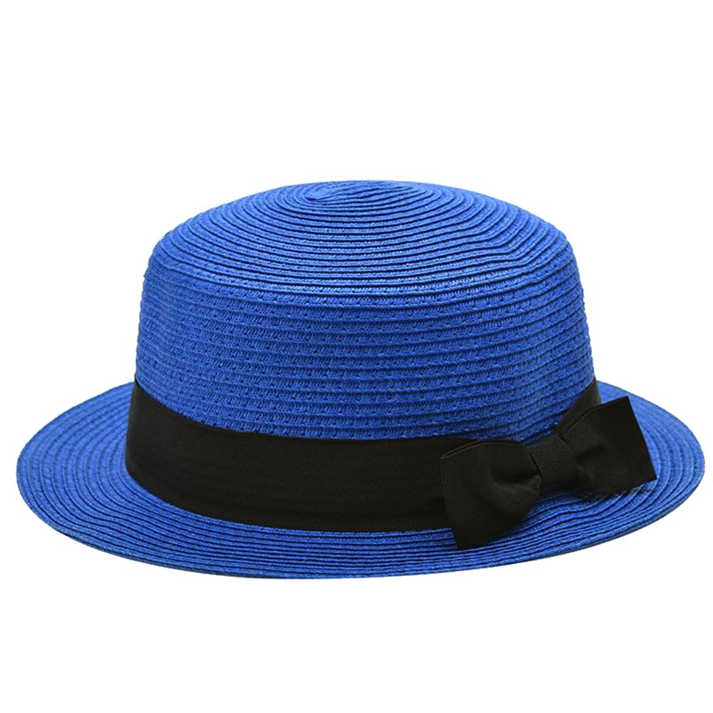 Betoverende opvouwbare unisex strik ronde platte rand strohoed zomer strandpet: Koningsblauw