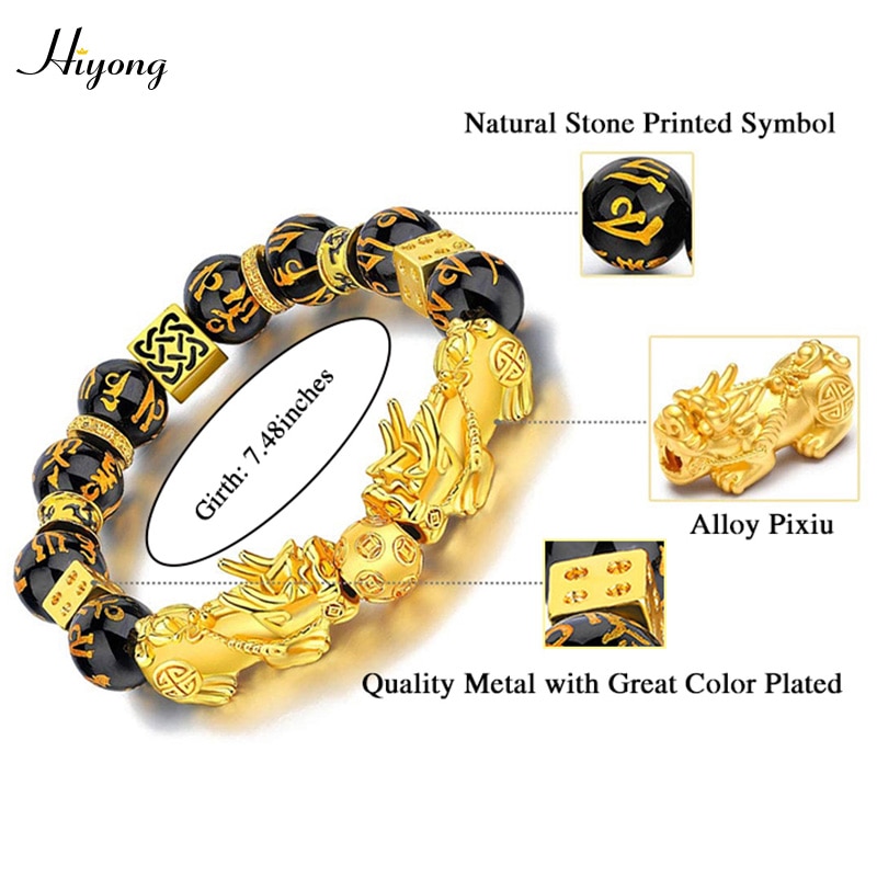 Zwart Obsidiaan Steen Kralen Armband Bixie Feng Shui Armband Goud Kleur Boeddha Geluk Rijkdom Armbanden Voor Vrouwen Mannen Sieraden