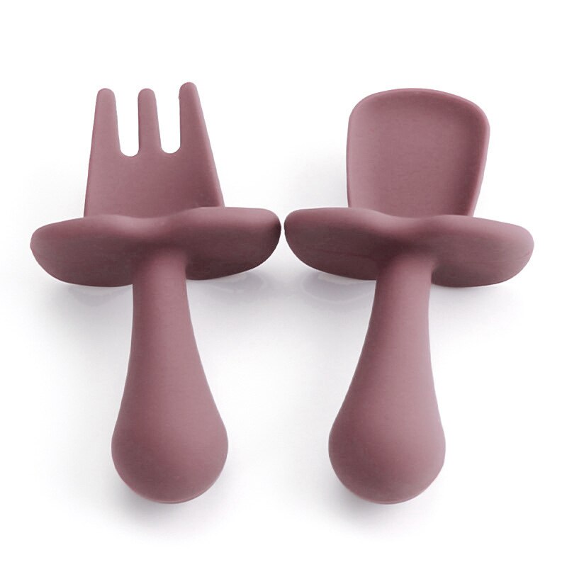 Juego de 2 unids/set de vajilla de silicona para bebé, utensilios de entrenamiento de autoalimentación, de fácil agarre, tenedores de mango corto: S11
