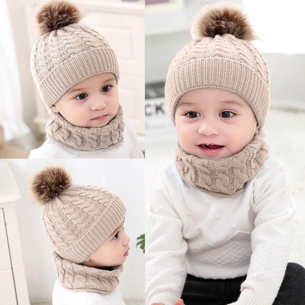Newborn Baby Knit Hat+scarf Children Baby Boy Girl Kids Infant Winter Pompom Ball Knit Hat Caps Casual Beanie Bonnet #FS