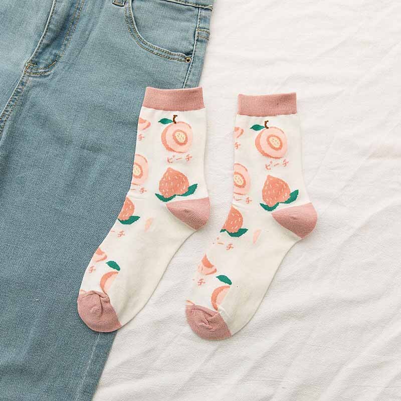 Dessin animé fruits coton chaussettes pastèque citron fraise banane avocat femmes chaussettes féminine Streetwear chaussettes été automne: peach