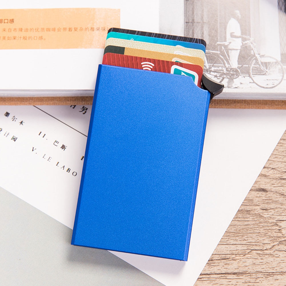 Mini Smart Wallet Purse Thin Id Card Case Rfid Anti-Theft Unisex Automatically Solid Metal Casual Bank Card Wallet Business: Blue