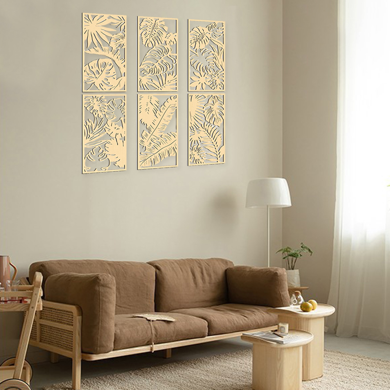 Decoración de pared artística hueca de madera 3D, planta de hoja de palma tallada en madera bohemia, adornos colgantes de pared, decoración Vintage para el hogar y la Oficina