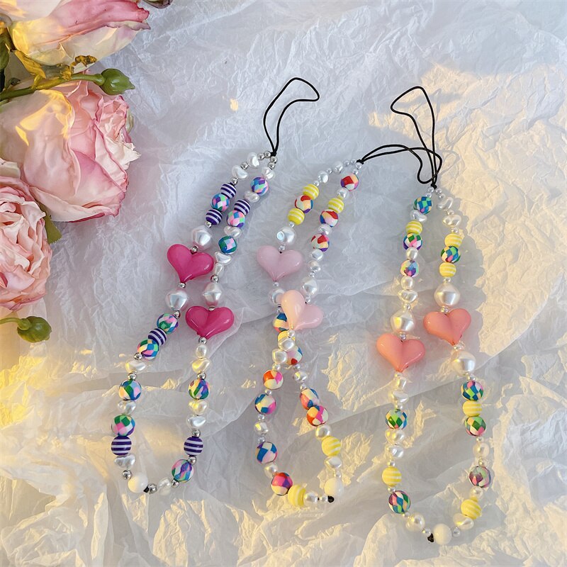 Mode Liefde Hart Mobiele Telefoon Riemen Voor Iphone 11 12 13 Pro Max Armband Hanger Leuke Sleutelhanger Ornament Parel Hand touw Ketting