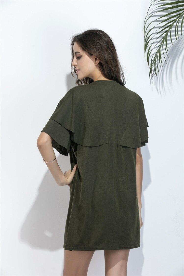 Army Green Summer Women Dress Round Neck Butterfly Sleeve Casual Loose Knitted Shift Mini Dress 1477