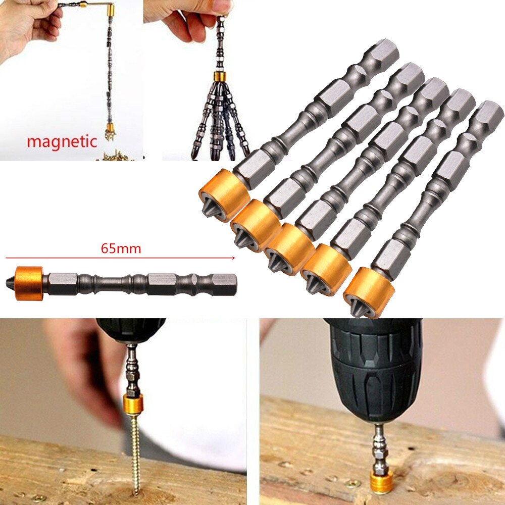 5pcs Anti-Slip 65mm Electric Magnetic Screwdriver Bit Ph2 Screw Hex Shank Hand Feb 22 Drywall Screwdriver Bit