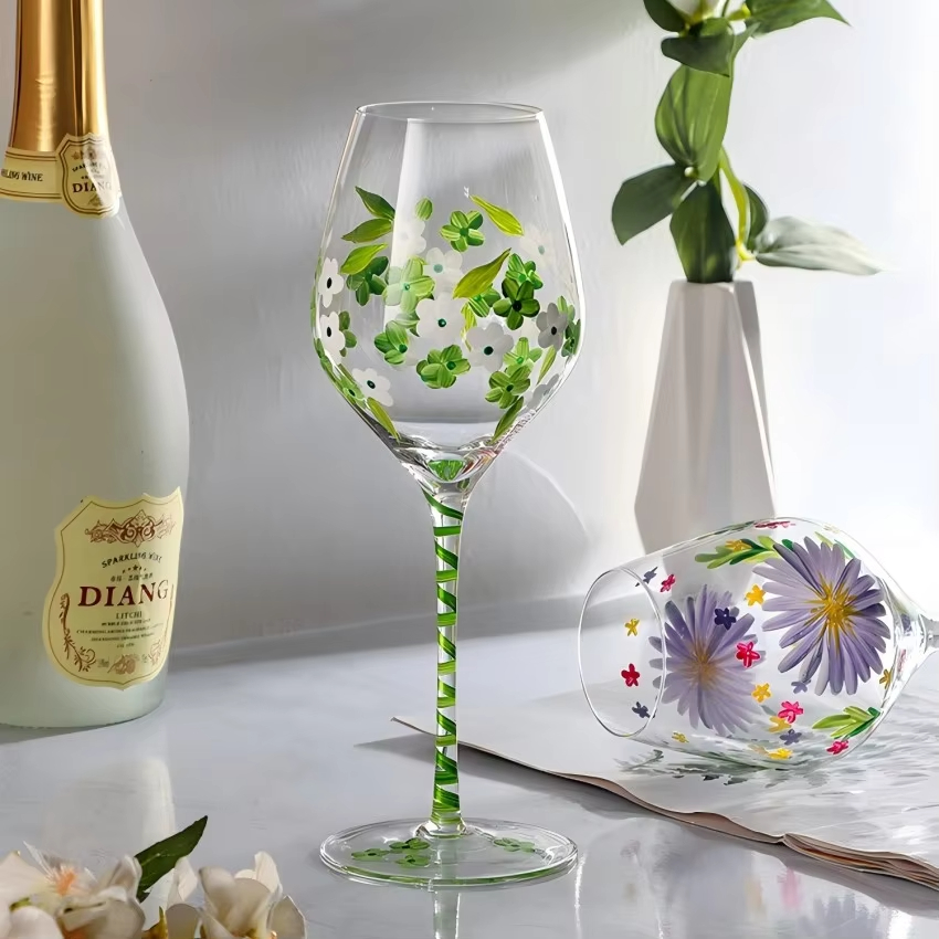 Copas de champán Vintage, copa pintada a mano, girasol, tulipán, flamenco, rosa, patrón, copa de vino tinto, Bar en casa, restaurante, copa de cristal