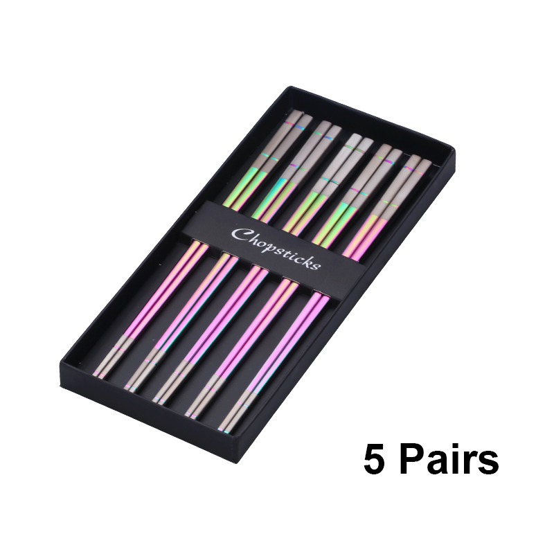 Baguettes chinoises de luxe en acier inoxydable, 5 paires, baguettes à Sushi réutilisables en titane doré avec boîte, bâtons alimentaires en métal: Rose