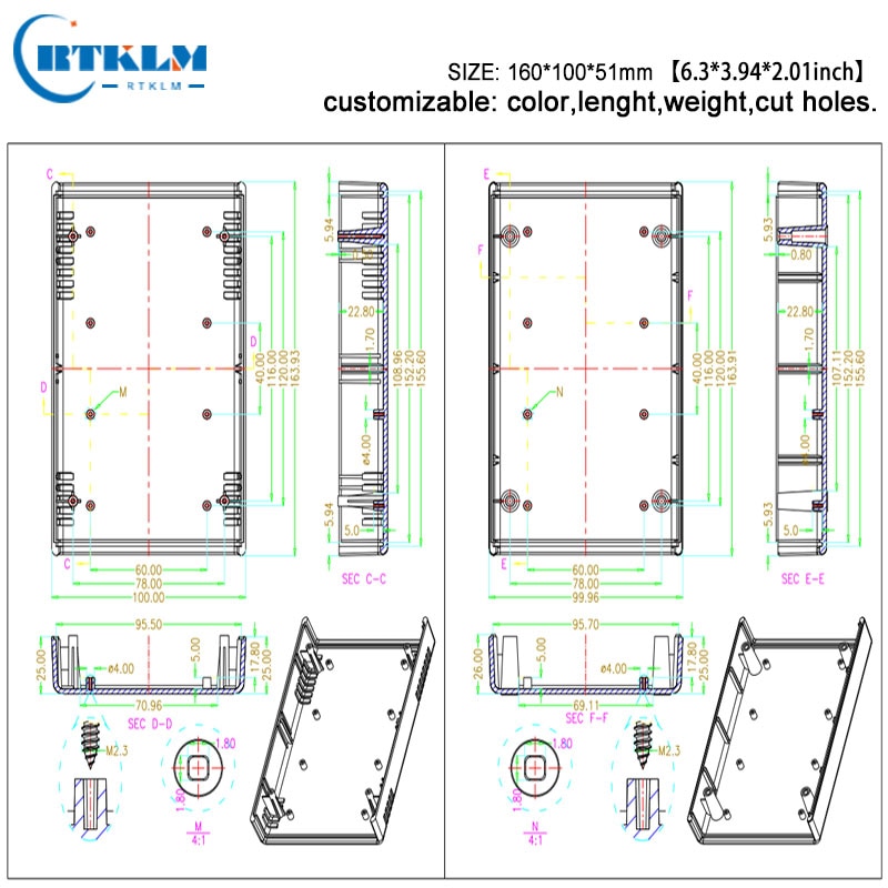 Caja de instrumentos de plástico para proyectos de plástico, caja de plástico abs para proyectos de bricolaje, caja de conexiones para electrónica, 160x100x51mm, 1 unidad