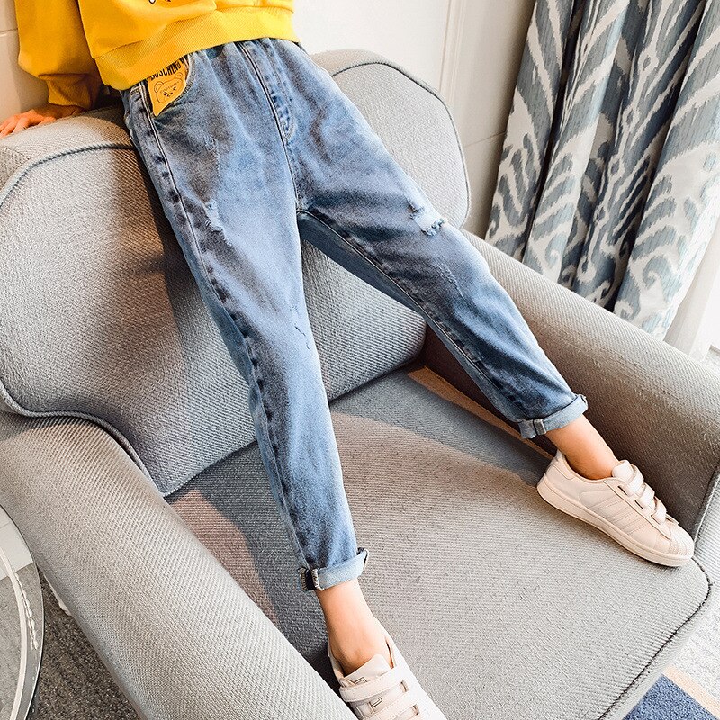 Girls Ripped Jeans Spring Autumn Girls Jeans for Kid Trousers Children Leggings Print Loose Denim Pants