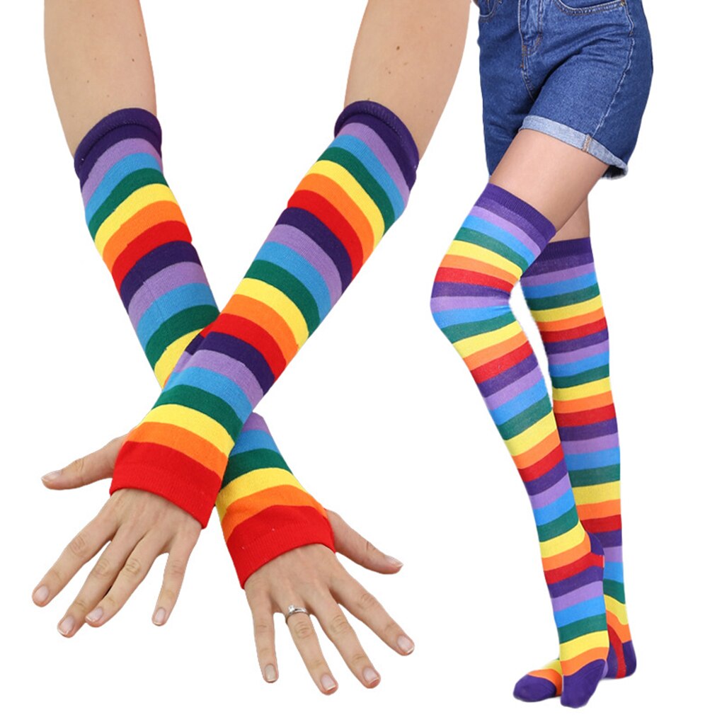 Malha luvas sockings para mulher menina colorido arco-íris listrado luvas longas meias braço mais quente sem dedos malha luvas sockings