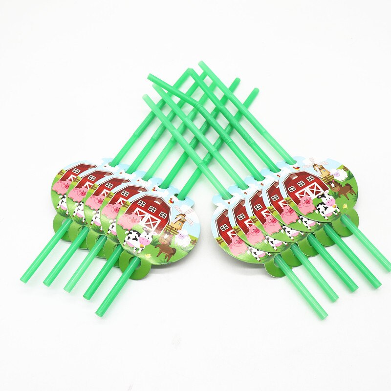 Vaisselle jetable à thème d'animaux de ferme, fournitures de fête d'anniversaire, serviettes en papier de Jungle, décoration de Ranch et de Zoo, assiettes: Straws 10pcs