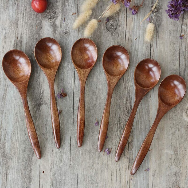 Cucharas de madera para comer, 6 piezas de cuchara para comer de madera Natural, 7 pulgadas de cucharadita ecológica hecha a mano para la cena, postres de ensalada,