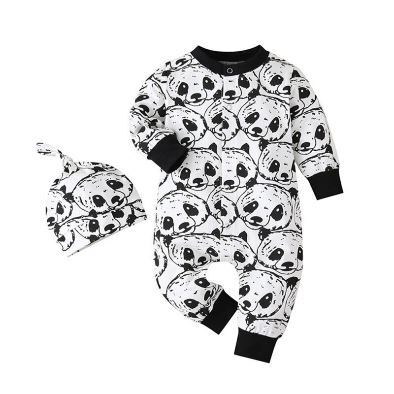 Casual Baby Jumpsuit Herfst Baby Jongen Katoen Lange Mouw Romper Leuke Panda Afdrukken Jumpsuit Pasgeboren Hoed Kleding Set: 90