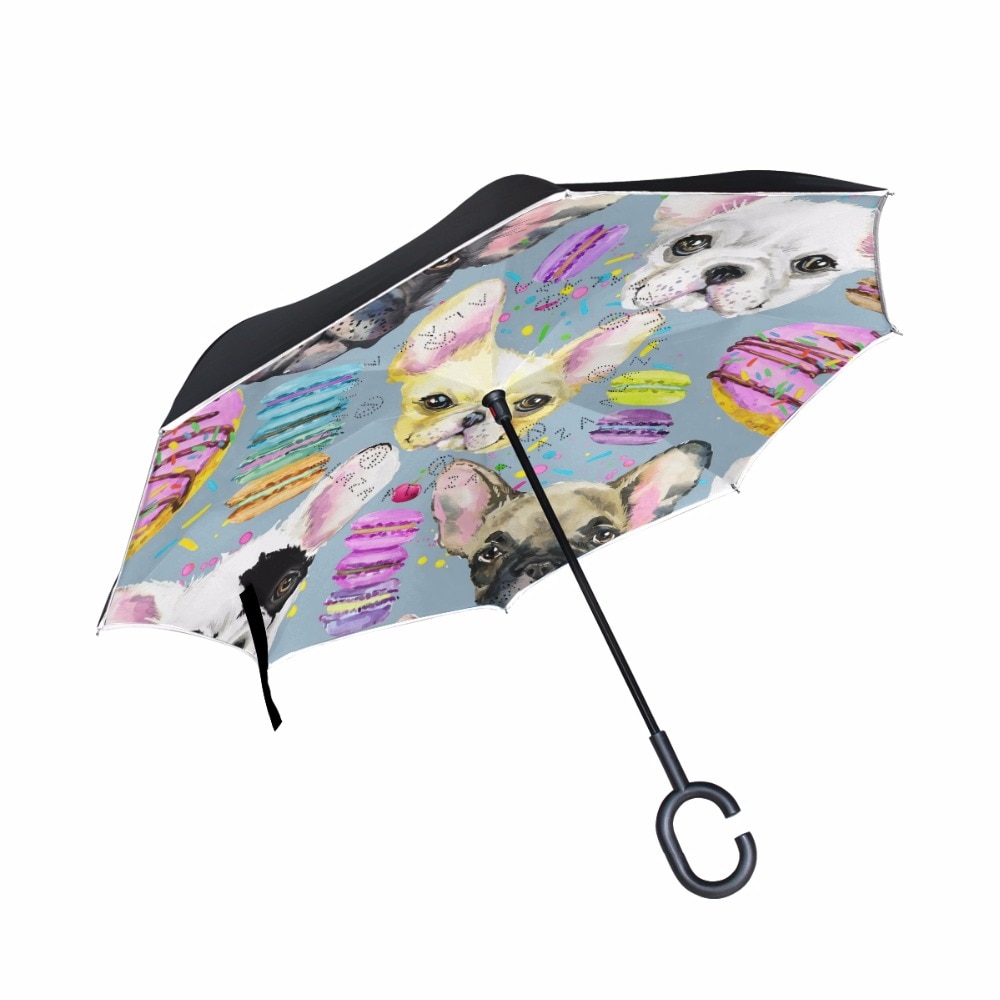 Watercolor French Bulldog Inverse Umbrellas C-Hook Handle Reverse Folding Double Layer Windproof Rainy Sunny Umbrella