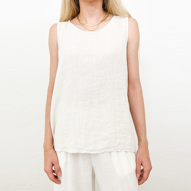100%  ermeløse tanktopper i lin for kvinner, sommer, avslappet topp med knapper bak, elegant rund hals, hvite topper: M / Svart