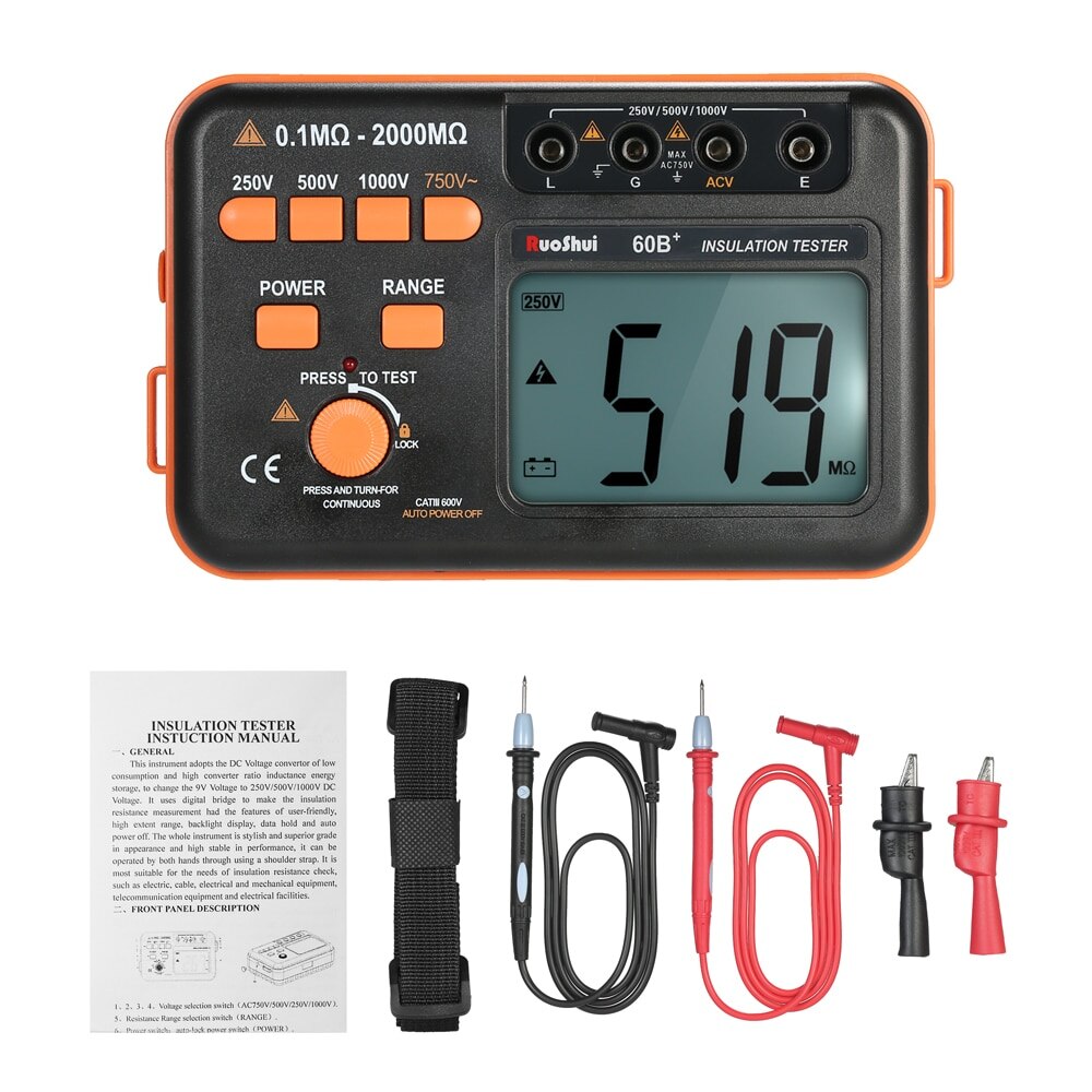 Ruoshui 60b+ 1000v isolationsmodstand meter høj percision megger lcd jord jord tester megohmmeter voltmeter baggrundsbelysning