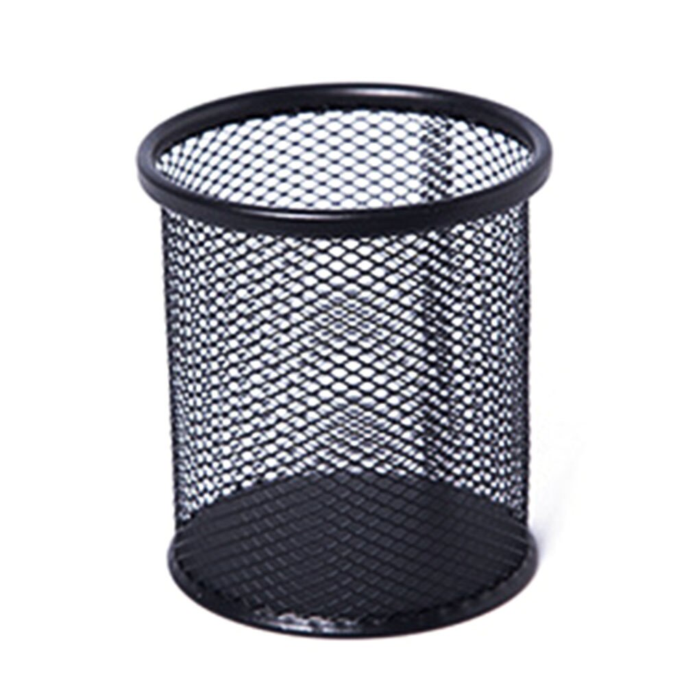 Mesh Metal Pen Pencil Brush Pot Holder Storage Container Office Desk Organizer: Black  Round