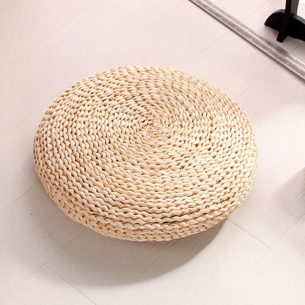 Rund puf tatami meditation pude fortykkelse yoga cirkel majsskall halm fletemåtte japansk stil pude med silke våd: -en / 30 x 30cm