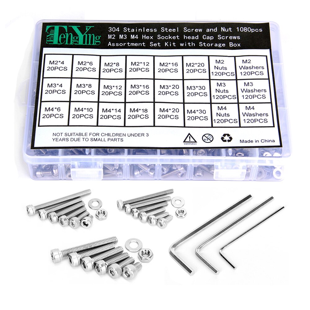 1080pcs/Lot M2 M3 M4 Button Head Hex Socket Screw Bolt Nut Stainless Steel 304 Screws Nuts Assortment Kit Fastener Hardware