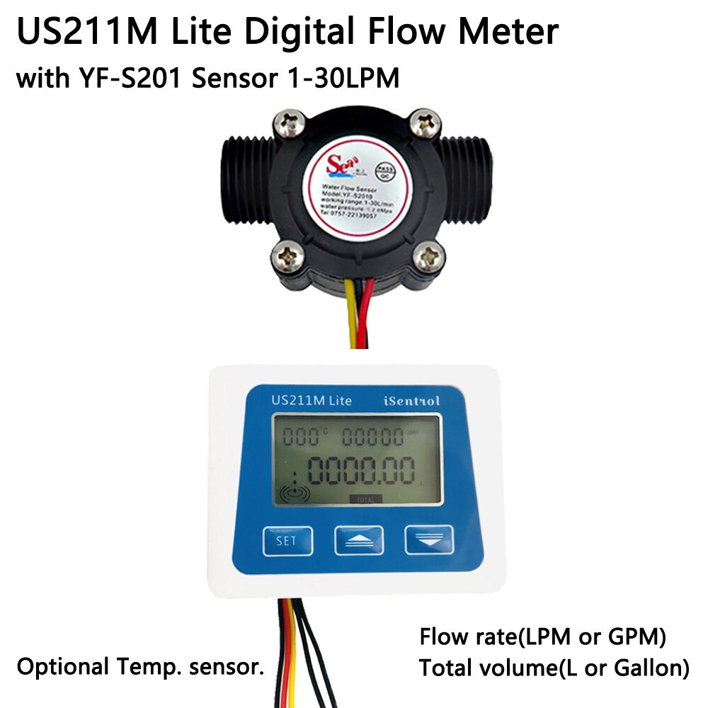 US211M Lite Digitale Draagbare Flow Meter Met YF-S201 Flow Sensor 1-30LPM Plastic Dijiang