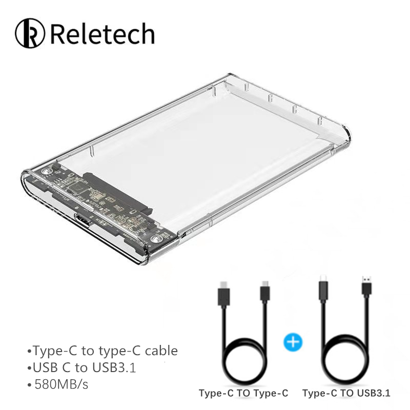 Reletech 2.5 transparent hdd caso sata para usb 3.1 gen2 10gbps externo disco rígido caso interface 5gbps disco caso suporte uasp: Double cable