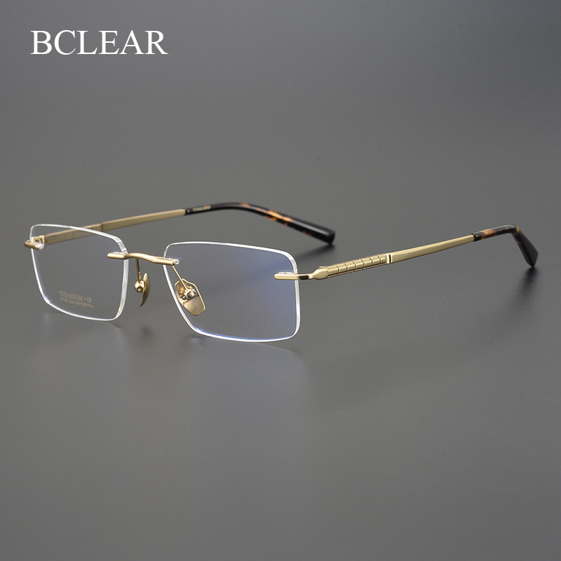 BCLEAR Titanium Rimless Glasses Frame Men Myopia Prescription Eyeglasses Frames Luxurious Brand Square Spectacles: Gold
