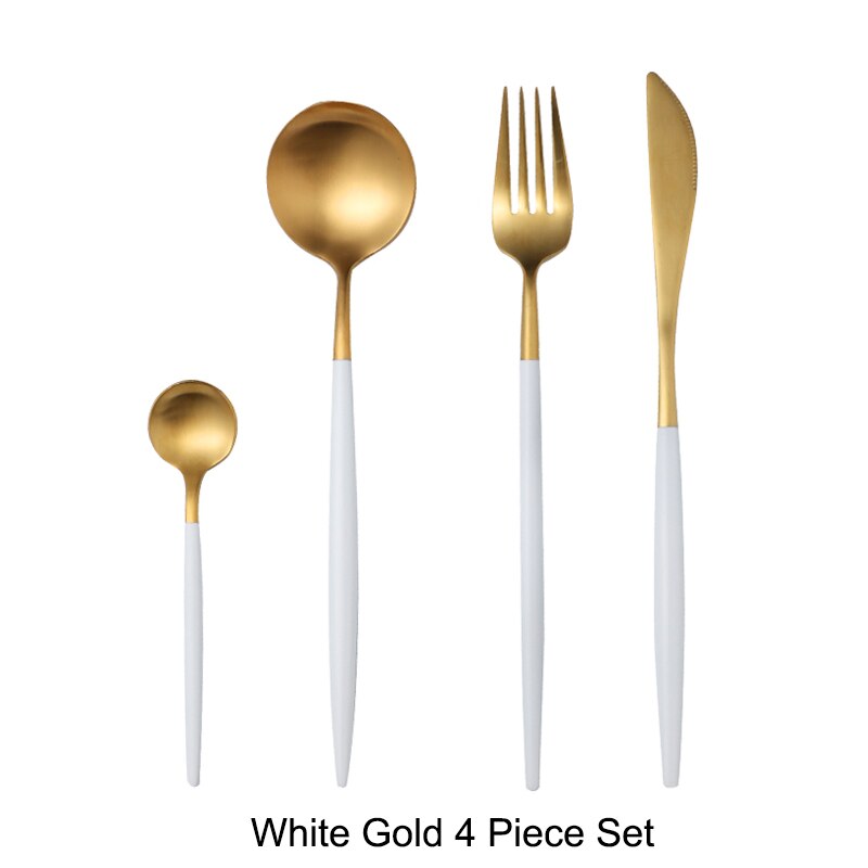 304 roestvrijstalen gouden besteksets, dinervork, mes, lepel, eetstokjes, serviesset, zilverwerk, servies: Witgoud