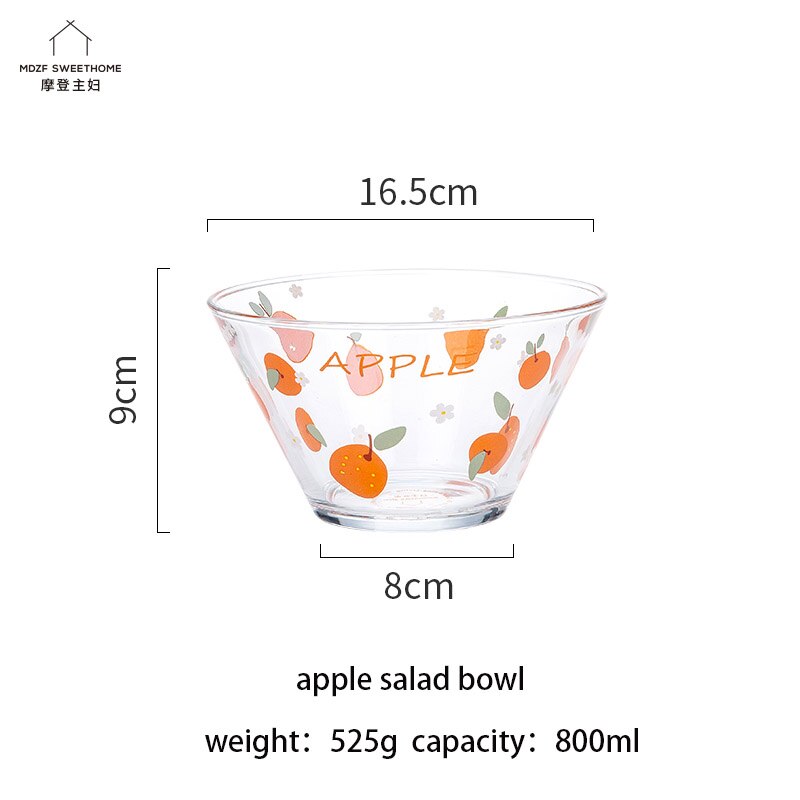 Mdzf 800ml frugt mønster glas salatskål frugt dessert nudler skål hjemme nordisk stil køkken suppe ris serverings skåle service: Æble