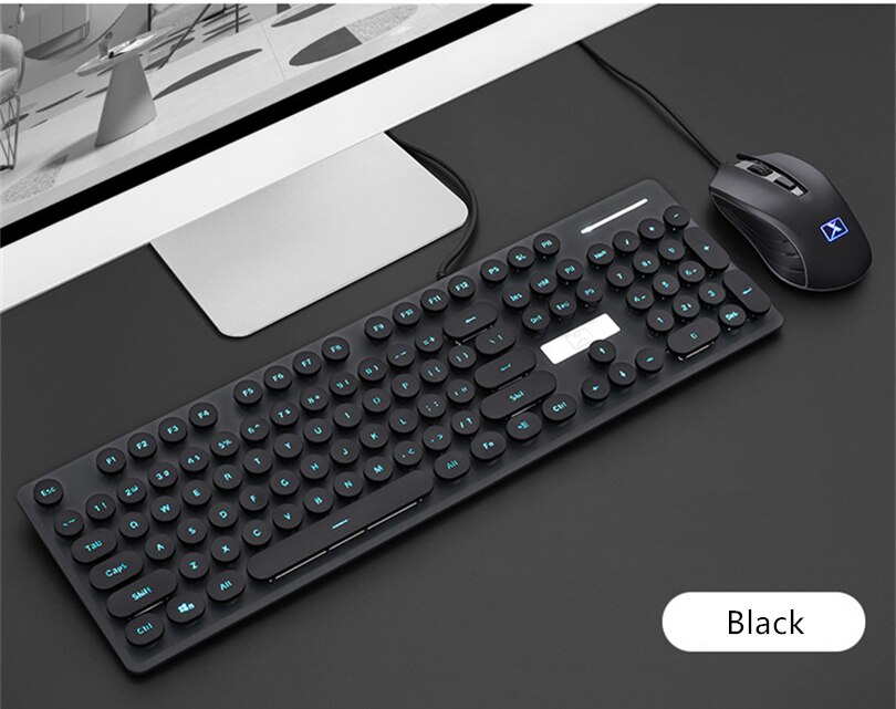 Gaming Keyboard and Mouse Wired Backlight Keyboard Mechanical Keyboard Retro Round Glowing Keycap 1600DPI Gaming Mouse Set: Black