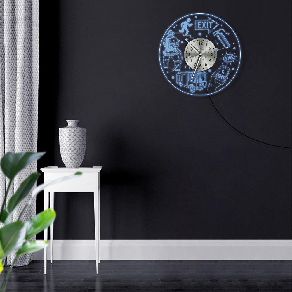 Fire Rescue Fire Dept.LED Lighting Wall Clock Public Safety LED Acrylic Wall Sign Fire Fighting Elements Illuminated Wall Decor