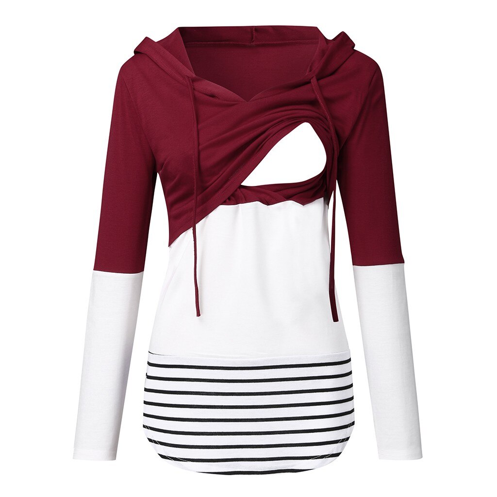Lange ærmer graviditetstoppe ammetoppe til gravide amme vinterstribet hættetrøje amme polyester afslappet sweatshirt  y115: Rd / L
