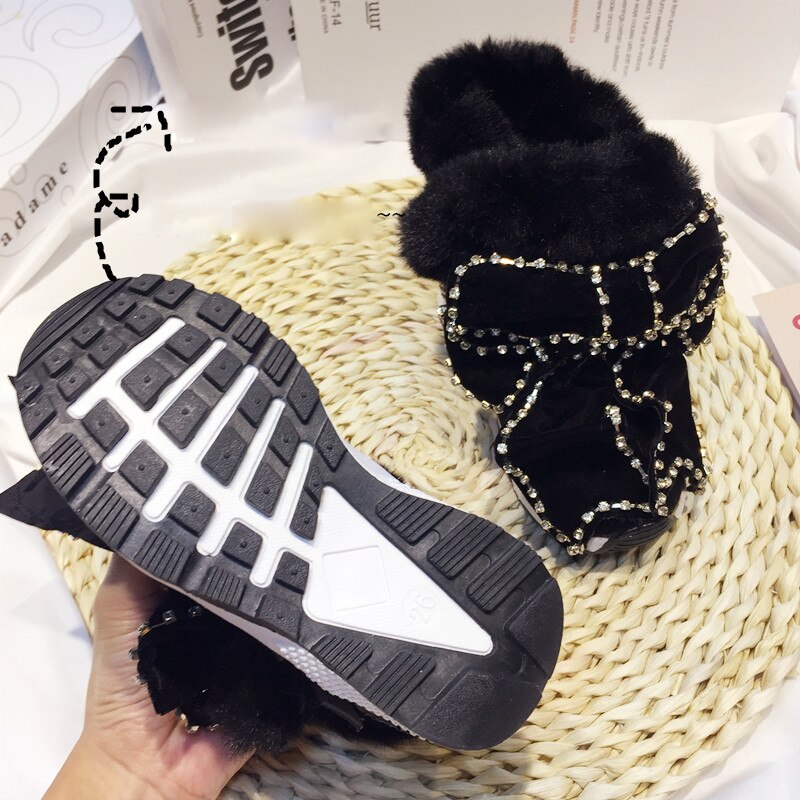 Winter Kids Boog Snowboots Baby Meisjes Strass Enkellaars Kinderen Warm Prinses Schoenen Peuter Laarzen Bont Zwarte Laarzen