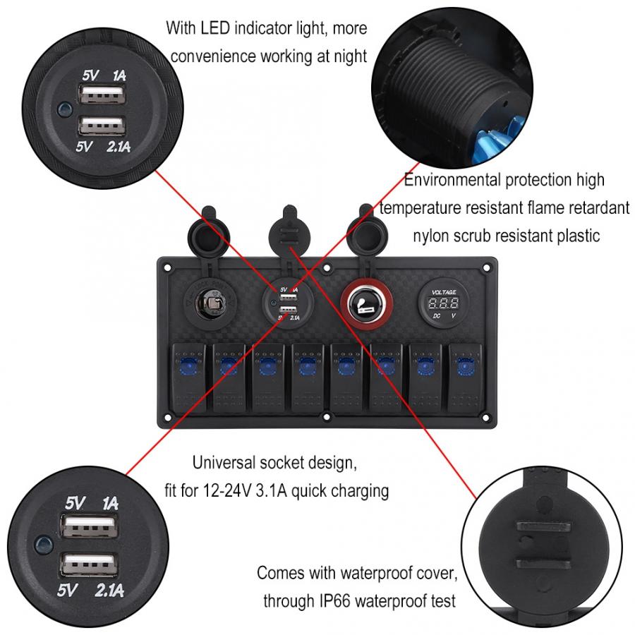 8 Gang Auto Marine Boot Rocker Switch Panel Waterdicht Circuit Digitale Voltmeter Dual Usb-poort 12V 24V Outlet schakelpaneel Circui