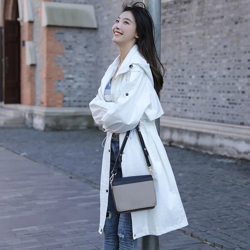 Veste coupe-vent mi-longue pour femme, manteau ample à capuche, vêtement d&#39;extérieur, pardessus décontracté, printemps automne