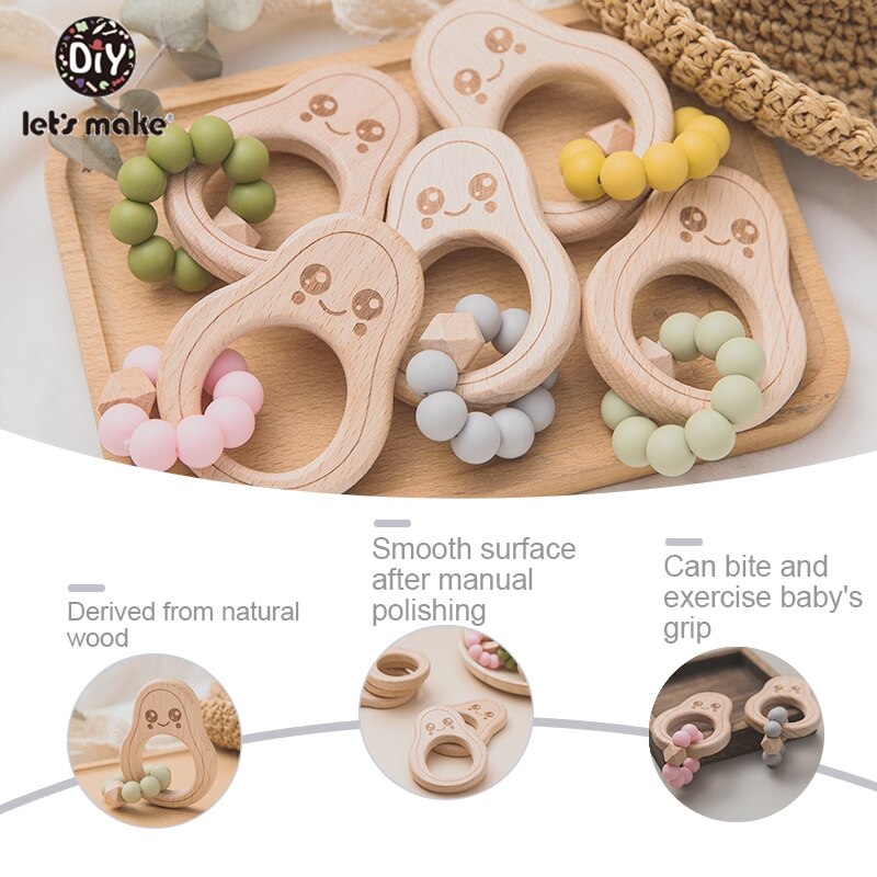 let’s make 1pc Baby Teether Wooden Avocado Bead Care Bracelet BPA-Free Silicone Rattle Teeth Bead Baby Rattle Nurse Toy