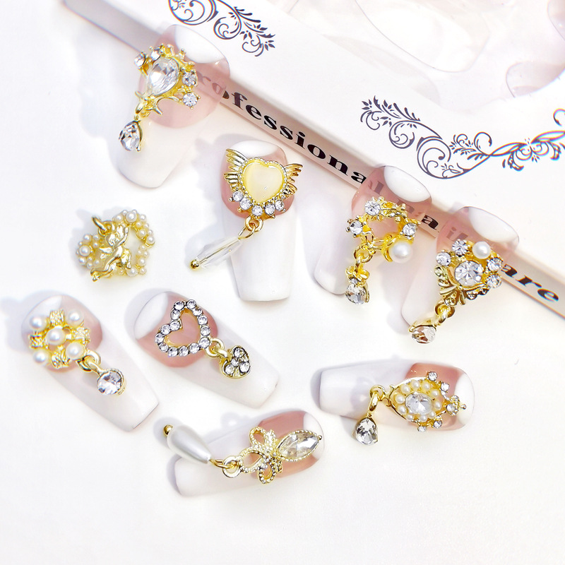 10pcs-Heart Jewelry Nail Dangle Charms Angel With Pearls+Rhinestones Decors For Acrylic Nails 18 Manicure Decorations #F2