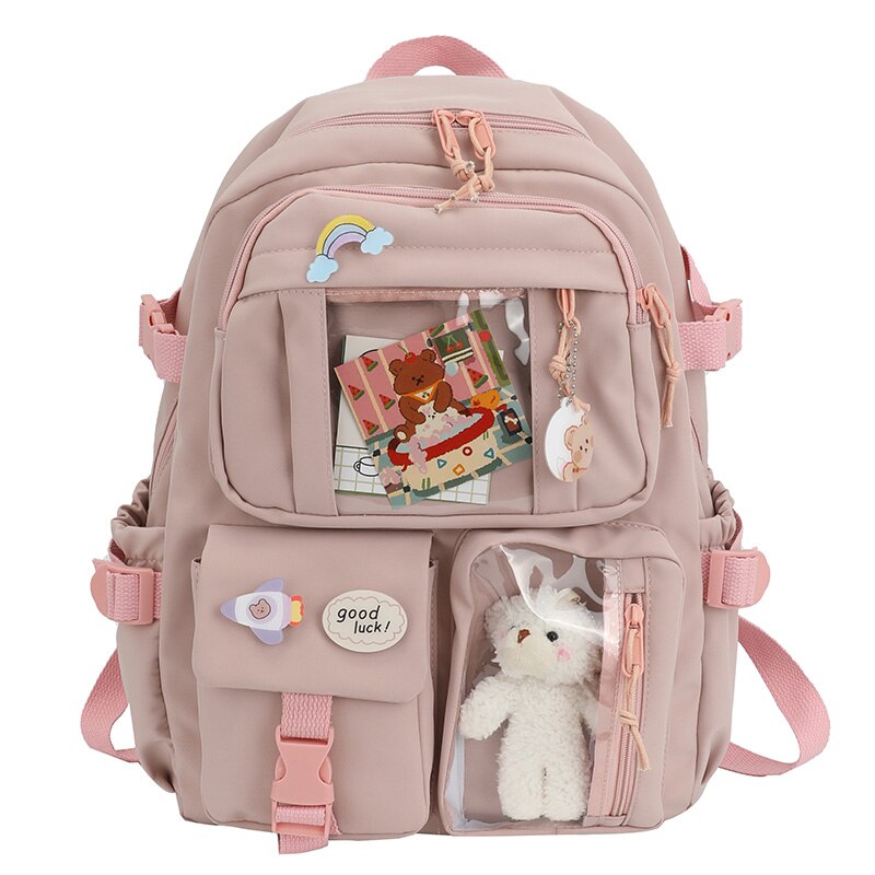 Leuke Vrouwen Rugzakken Waterdichte Multi-Pocket Nylon School Rugzak Voor Student Vrouwelijke Meisjes Kawaii Laptop Boek Pack Mochilas: Roze / With Accessories