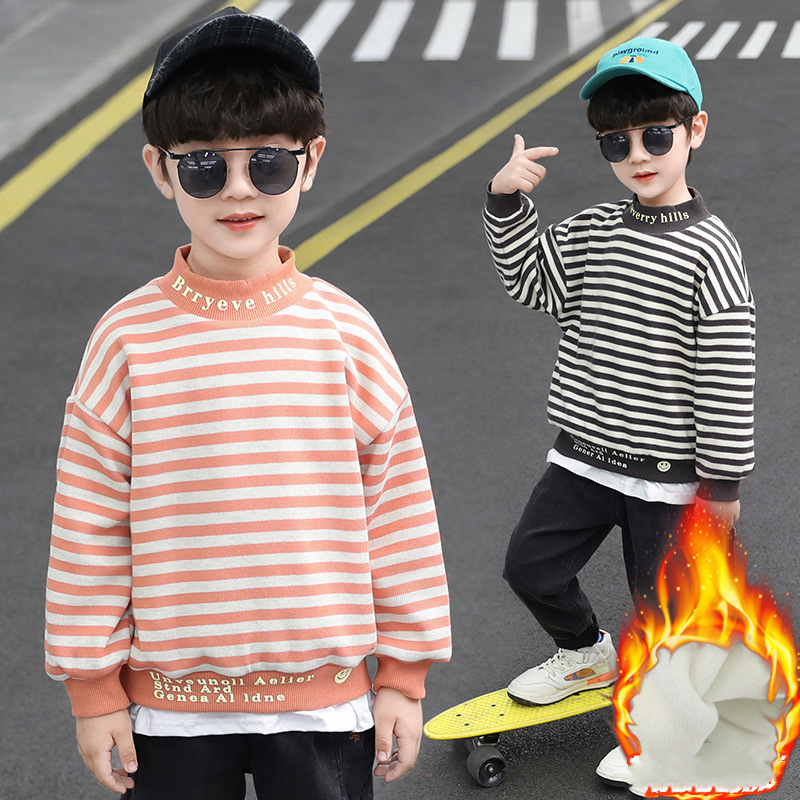 Sudaderas con capucha de algodón y forro polar para niños, ropa de abrigo a rayas, de terciopelo grueso, para invierno y otoño,
