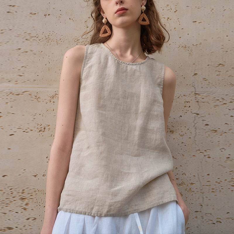 100%  ermeløse tanktopper i lin for kvinner, sommer, avslappet topp med knapper bak, elegant rund hals, hvite topper