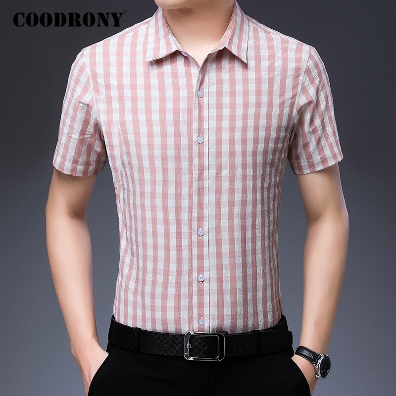 Coodrony ruudullinen puuvillapaita miehet business casual paidat miesten vaatteet kevät kesä lyhythihainen camisa masculina plus koko  c6034s