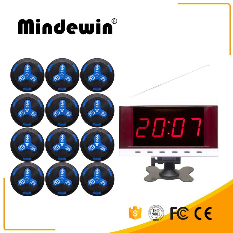 Mindewin draadloos oproepsysteem voor restaurants pager 12 stuks mk -3 oproepknoppen en 1 stuk mr -2 led-display toont 1 groepsnummer: Zwartblauw