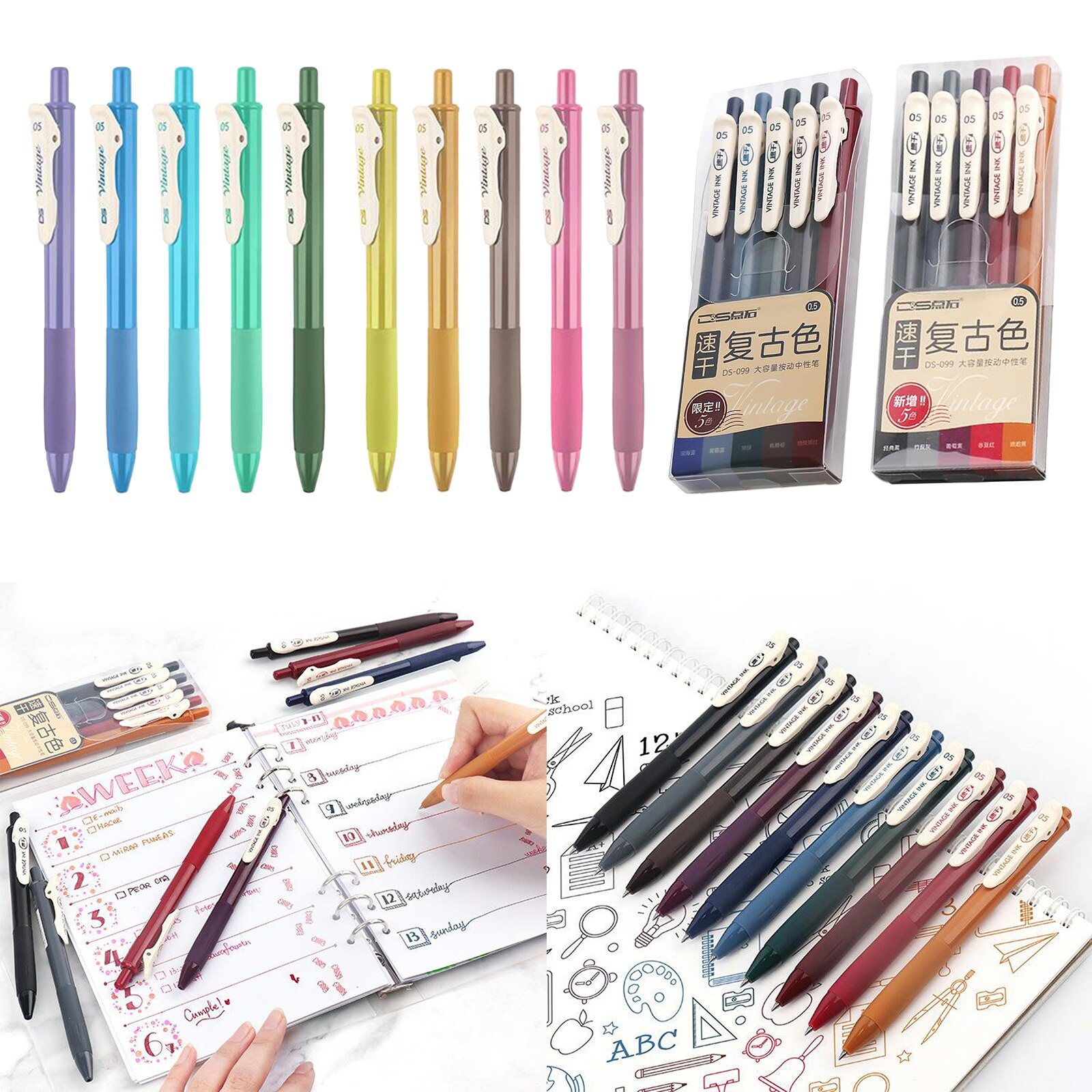 5Pc Retractable Gel Ink Pen for Journaling Writing Note Taking Calendar Coloring