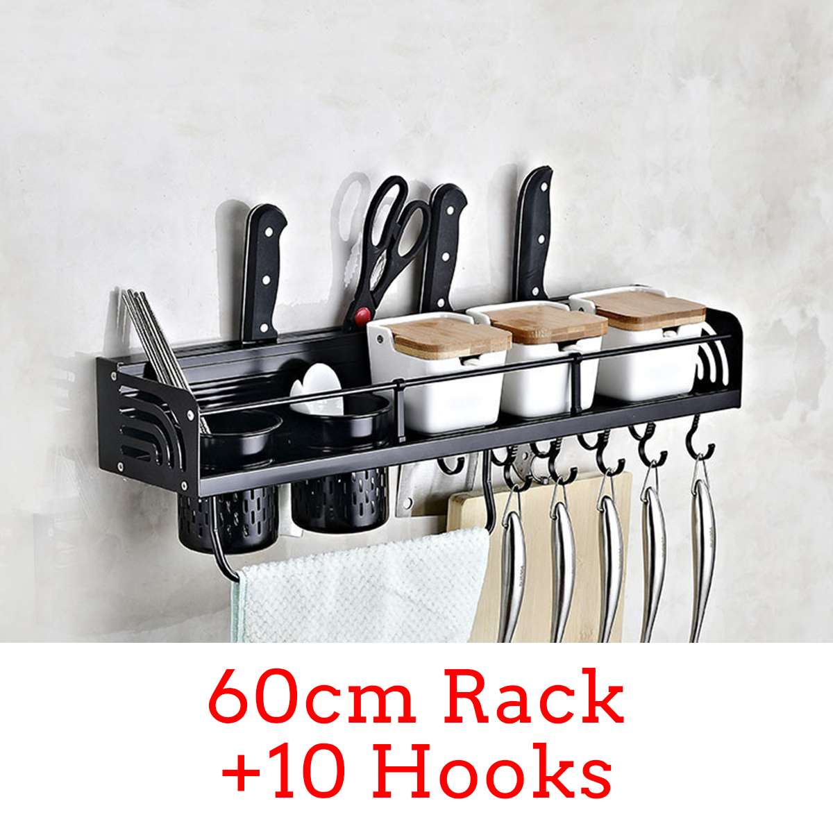 Wall-Mount Spice Racks Aluminum Kitchen Organizer Storage Shelves Utensil Spoon Hanger Hook Kitchen Gadgets Accessories Supplies: 60cm Rack 10 Hooks